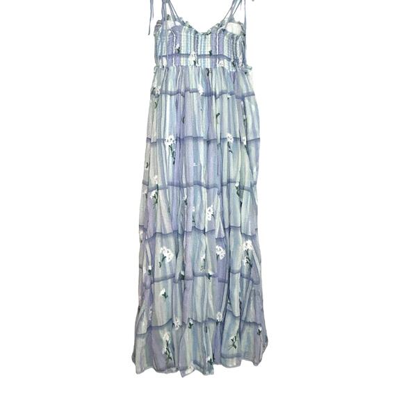 Free People Willow Maxi Dress Striped Embroidered Flowers Blue XS - Picture 5 of 10